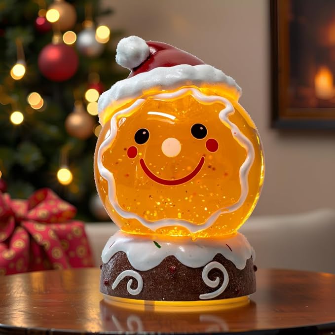 Christmas Music Snowglobe Water Lantern Gingerbread Man Smiling Wind Lantern with Christmas Hat Decoration Table Centerpiece Used for Home PartyDecoration, USB Wired Festival Gift