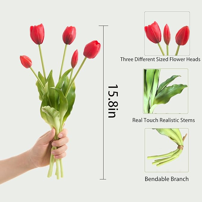 15 Pcs Hot Red Tulips Artificial Flowers Faux Tulips Real Touch Latex Fake Flower Bouquet for Spring Wedding Home Décor Centerpiece Arrangements