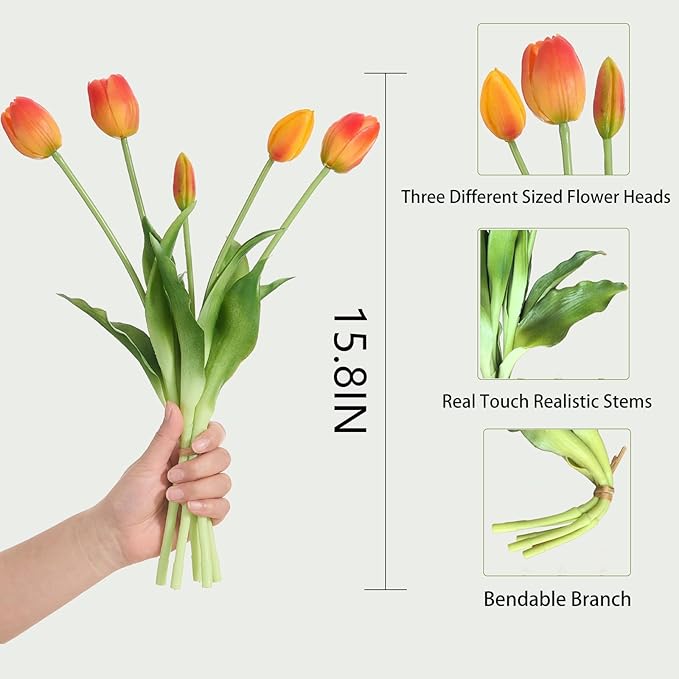 15 Pcs Orange Tulips Artificial Flowers Faux Tulips Real Touch Latex Fake Flower Bouquet for Spring Wedding Home Décor Centerpiece Arrangements