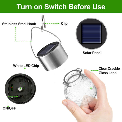 PARTPHONER 32 Pack Hanging Solar Lights Outdoor, Waterproof Solar Globe Lantern with Handle and Clip, Decorative Cracked Glass Ball Lights for Christmas Decor, Tree, Yard, Garden, Patio (Cold White)
