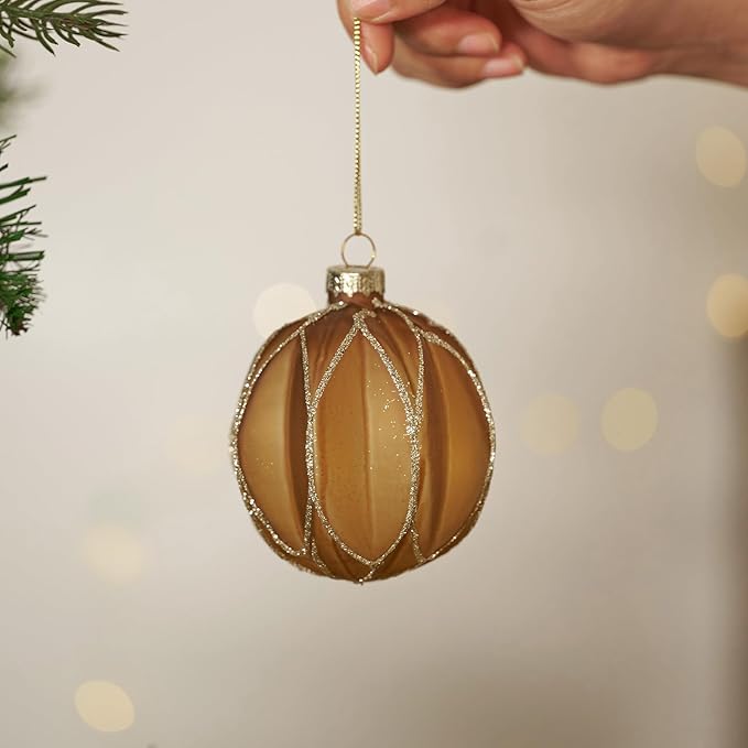 WDS WONDROUS Christmas Ball Ornaments, Vintage Ball & Teardrop Xmas Tree Ornament Set, Hanging Assorted Glass Balls for Holiday Home Party Decor (9Pcs, Brown & Gold Line)
