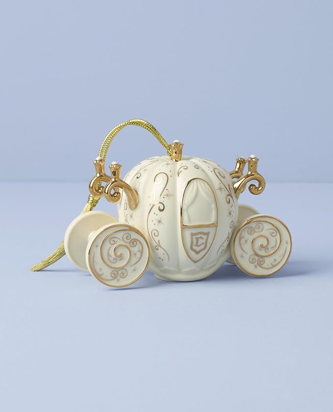 Lenox Ornaments, Porcelain Cinderellas Coach Ornament, Made from Porcelain with Gold Accents, Gold Cord for Christmas Tree Decoration, Christmas Decorations, Holiday Ornaments, Winter Decor (1 Piece)