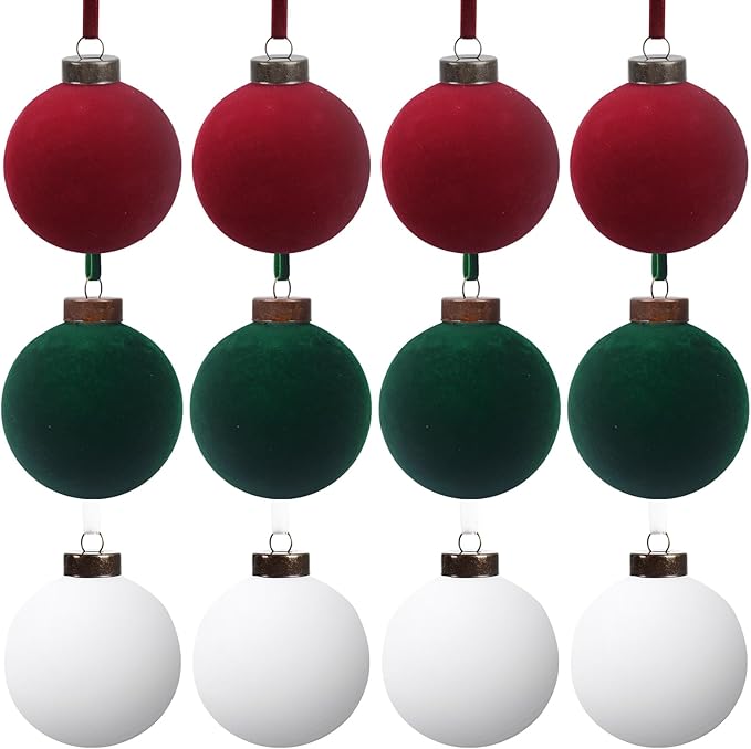 12 Pcs Velvet Christmas Balls Bulk Shatterproof Plastic Christmas Tree Decorations for Decorative Hanging Baubles (12, Wine red、Blackish Green、White, 3.94Inch)