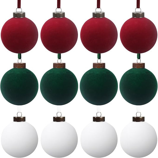 12 Pcs Velvet Christmas Balls Bulk Shatterproof Plastic Christmas Tree Decorations for Decorative Hanging Baubles (12, Wine red、Blackish Green、White, 3.94Inch)