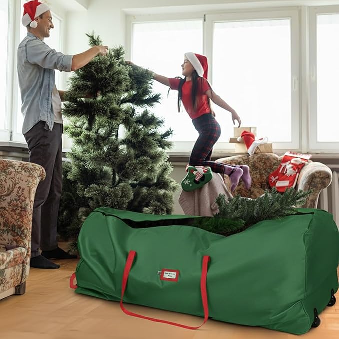Holiday Cheer Christmas Tree Storage Bag with Wheels – Heavy Duty Christmas Tree Bag Fits Up to 7.5ft Tall Artificial Tree, Waterproof, Durable Handles & Zipper – Xmas Tree Storage Bag (Green)