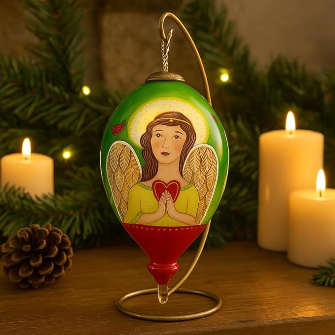 Angel of Peace Hand-Painted Glass Ornament – Green & Red Teardrop with Angel Holding Heart and “Peace and Joy Be with You” Message – Inspirational Christmas Keepsake
