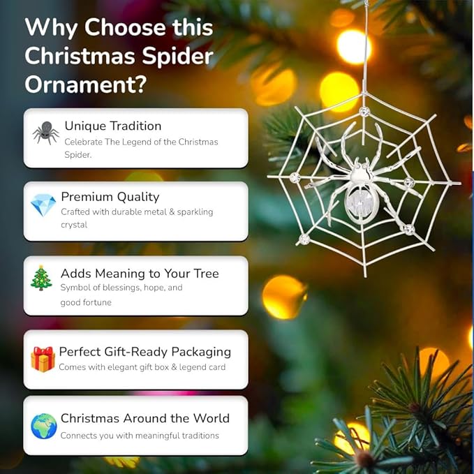 Matashi Silver Plated Christmas Tree Spider Ornament w Clear Crystals Lucky Hanging Decoration, Holiday Ornament Gift, Unique Spider Decor for Christmas & Halloween Party w Tinsel Legend Story
