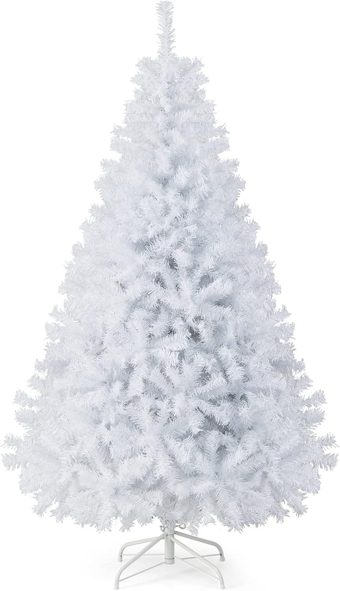 HAPPYGRILL 6 Feet White Artificial Christmas Tree with 1000 PVC Branch Tips Unlit Hinged Xmas Pine Tree with Sturdy Metal Base, Artificial Pine Tree for Indoor Outdoor Decor