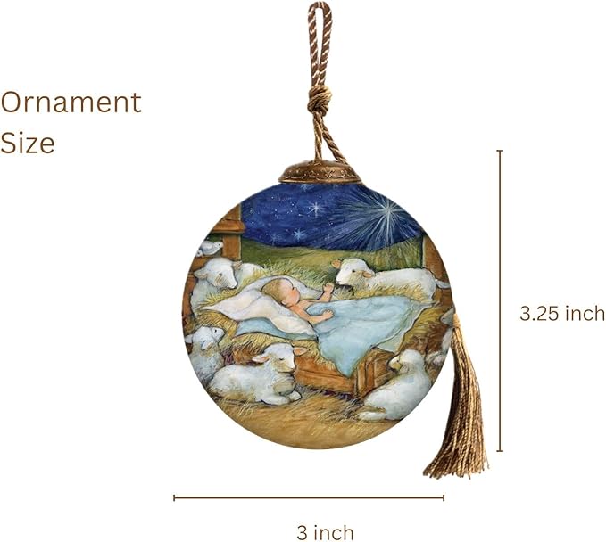 Baby Jesus with Lambs Nativity Ornament–Hand-Painted Glass Holy Family Christmas Ornament – Manger Scene with Sheep – Religious Christian Ornament – Catholic Keepsake