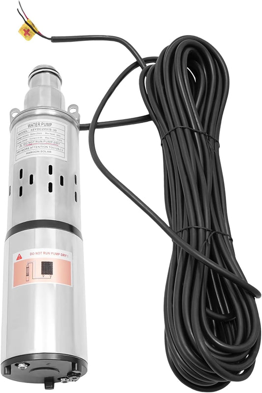 Deep Well Submersible Pump DC 24V 200W Electric Solar Powered Water Pump, 5.3 GPM Flow, 98ft Lift, Farm Ranch Irrigation Submersible Bore Hole Deep Well Pump