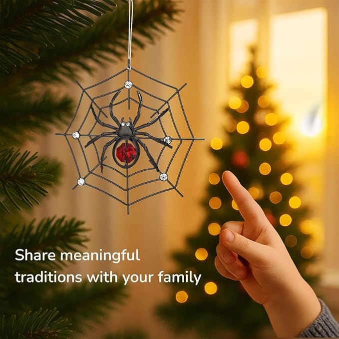 Matashi Black Spider Hanging Ornament for Christmas Tree w Red, Clear Crystals – Lucky Spider Web Decoration for Tree, Seasonal Decor Holiday Hanging Ornament Gift Inspired by Christmas Spider Legend