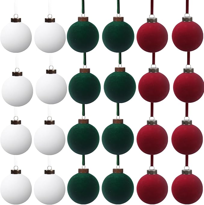 24 Pcs Velvet Christmas Balls Bulk Shatterproof Plastic Christmas Tree Decorations for Decorative Hanging Baubles (24, Wine red、Blackish Green、White, 2.36Inch)