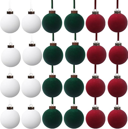 24 Pcs Velvet Christmas Balls Bulk Shatterproof Plastic Christmas Tree Decorations for Decorative Hanging Baubles (24, Wine red、Blackish Green、White, 2.36Inch)