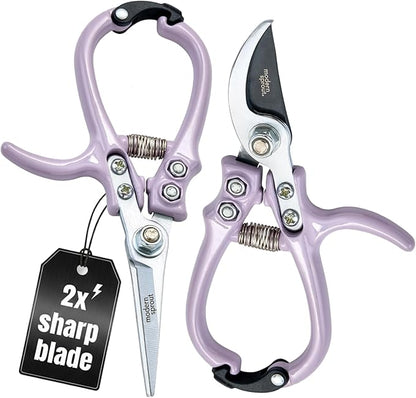 Modern Sprout Hand Pruners & Shears Set with Blister Pack - Lightweight Gardening Tools with Easy Lock - Sharp Carbon Steel Blades -Rust Resistant Scissors for Herbs, Flowers - Lavender