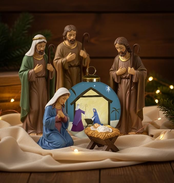 Nativity Christmas Ornament – Christian Glass Ornament with Mary, Joseph, and Baby Jesus Under The Star of Bethlehem, Religious Holiday Keepsake