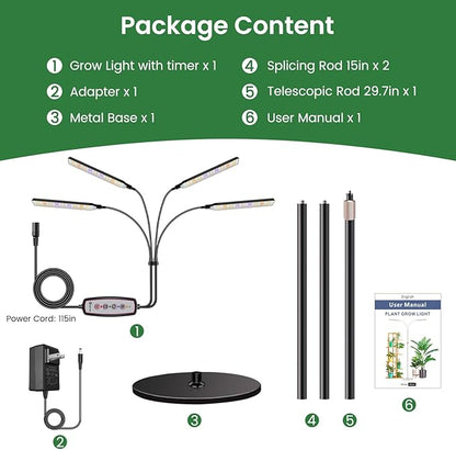 Grow Lights for Indoor Plants with Stand, 4-Heads Full Specturm Plant Grow Light with 4/8/12/16H Timer, 3 Color Modes, 360° Flexible Gooseneck, 24-68.7in Hight Adjustable Grow Lamp, Black