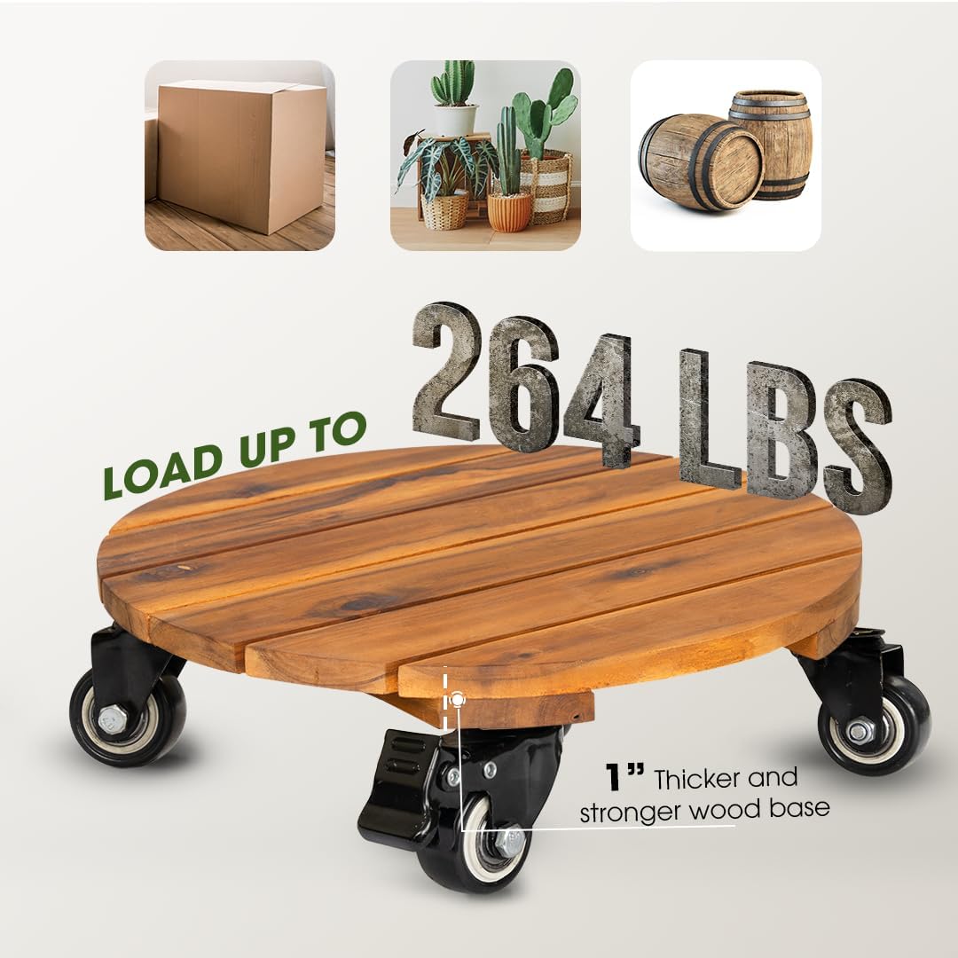 Idzo 2pack 12inches Wood Plant Caddy with Wheels Heavy Duty, 264 Lbs Capacity, Acacia Hardwood Plant Dolly, Plant Stand with 360° Lockable Wheels for Plant Pots, Heavy Objects Hauling - Natural Wood