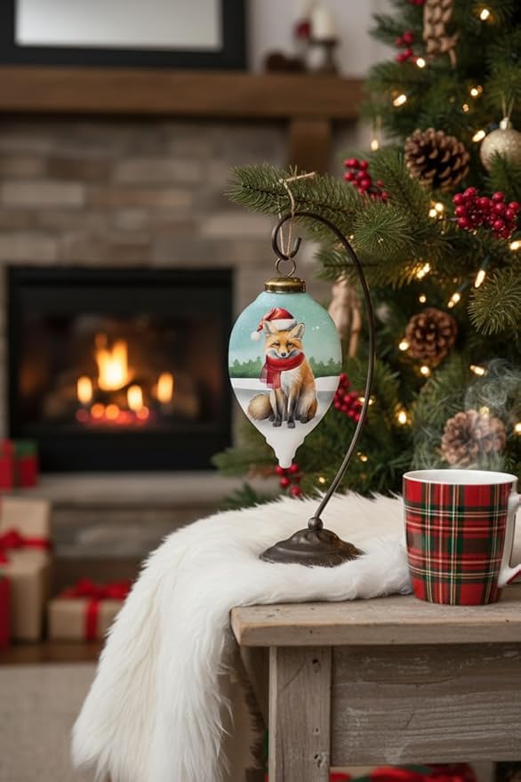 Glass Fox Ornament – Woodland Christmas Decoration with Santa Hat, Cardinals & Gifts – “Warm Winter Wishes” Collectible – Fox Gift for Nature Lovers – 4.5” Teardrop Ornament with Gift Box