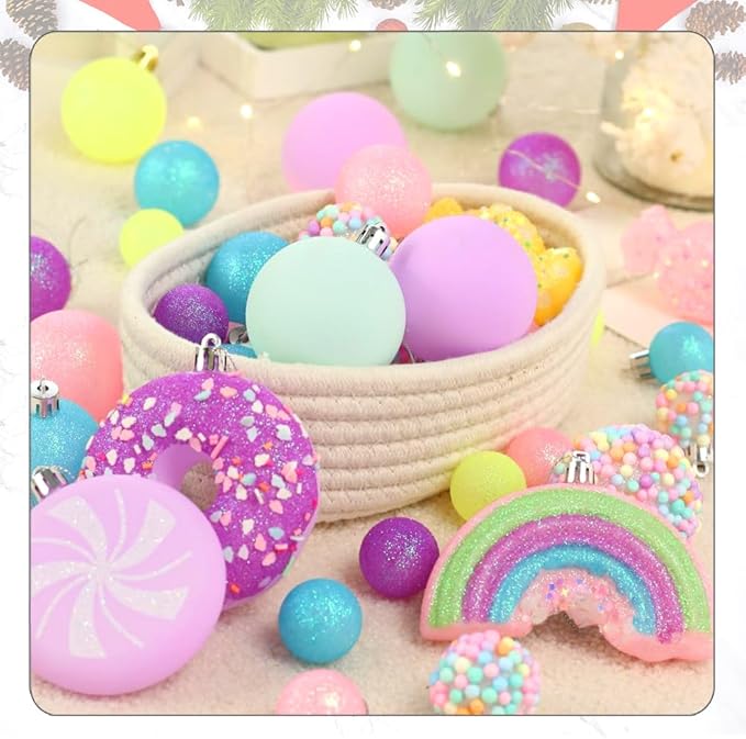 Christmas Tree Ornaments Set - 40 Pack Shatterproof Pink, Yellow, Light Green Xmas Decorations for Home, Holiday Party, Centerpiece, Garland