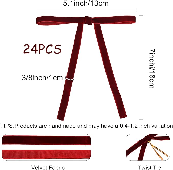 24 Pcs Velvet Christmas Tree Bows Decor, Vintage Wreath Bow for Christmas Garland, Gift Wrapping, Xmas Tree, 3/8'' Wide, 5 * 7 inch (Burgundy)