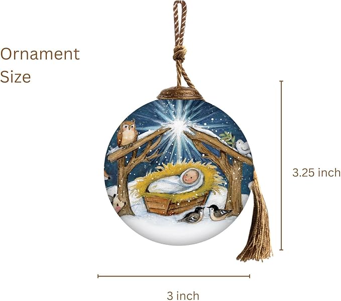 Baby Jesus Woodland Nativity Ornament–Hand-Painted Glass Holy Family Christmas Ornament – Manger Scene with Animals – Religious Christian Ornament – Catholic Keepsake