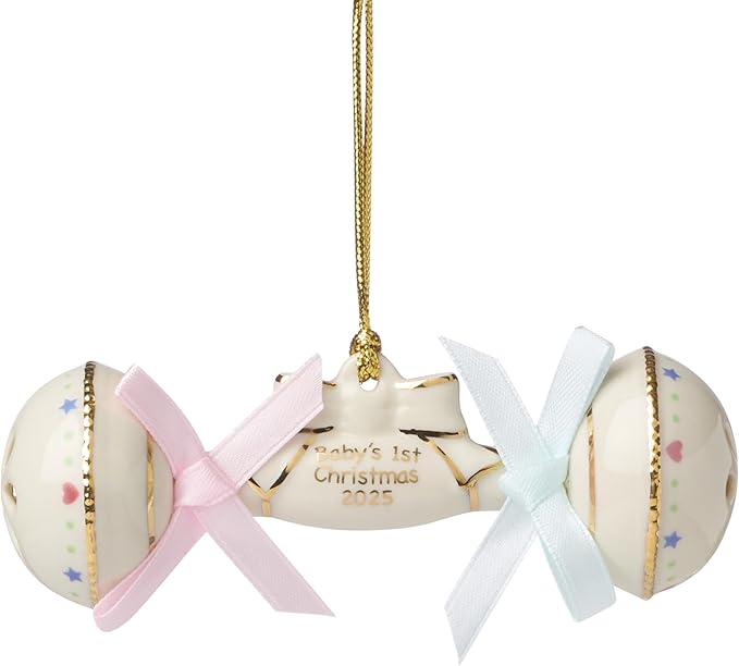 Lenox Ornament, 2025 Babys 1st Christmas Rattle Ornament, Porcelain with Gold Accents and Hanging Cord, Christmas Decorations, Blue/Pink Ribbons, Winter Tree Decor, Winter Decor (Cream, 1 Piece)