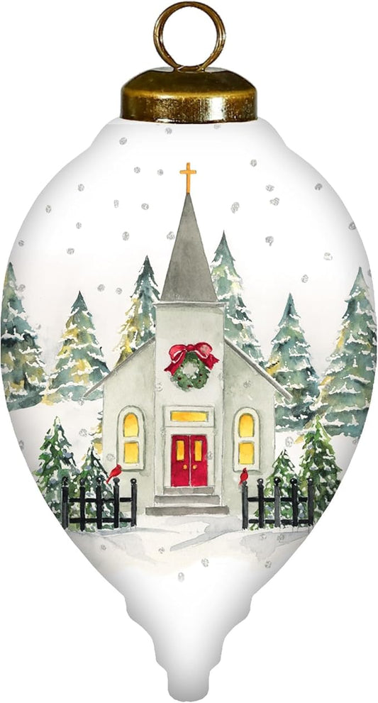 Church Christmas Ornament – Hand-Painted Glass Collectible with Snowy Chapel & Winter Trees – Reverse Painted Church Ornament for Christmas Tree, Holiday Village Décor with Gift Box