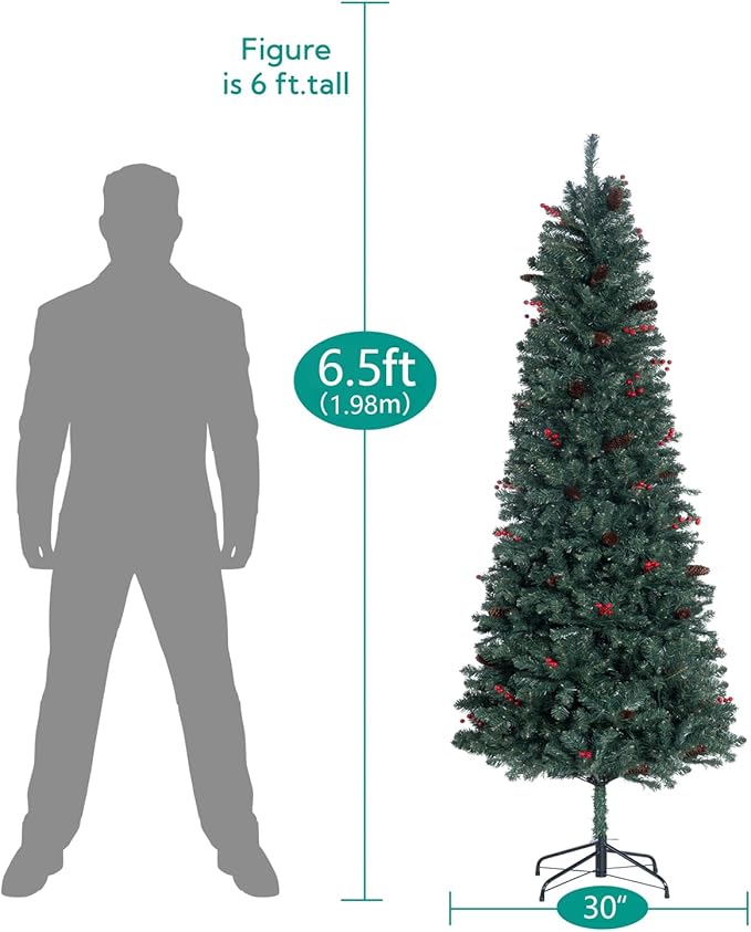 Naomi Home 6.5ft Pencil Christmas Tree with Lights, Realistic Pre-Decorated Slim Christmas Tree Prelit with 754 Branch Tips, 250 Warm Lights and Metal Stand, Aritificial XmasTree