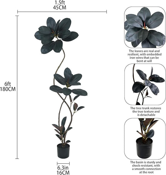 Artificial Rubber Tree Plant, 72 Inch Indoor Tree, Black with Round Planter, All Season Home Decor (Black, 6ft)