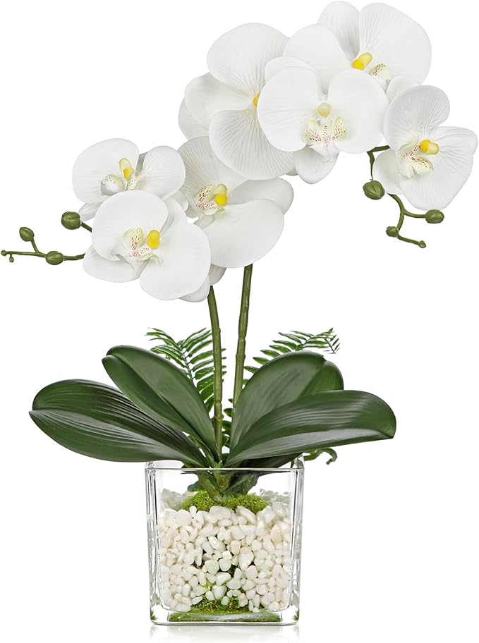 White Orchids Artificial Flowers 16.1" Faux Orchids Plant in Pot Fake Flower Arrangements with Glass Vases Small White Centerpieces for Kitchen Dining Room Tables Bathroom Nightstand Shelf Desk Decor