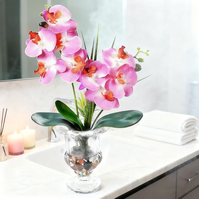 Jusdreen Artificial Purple Orchid Centerpiece, 14.5 Inch Phalaenopsis in Glass Vase with Potting for Home Office Table Decor, Realistic Orchid Arrangement