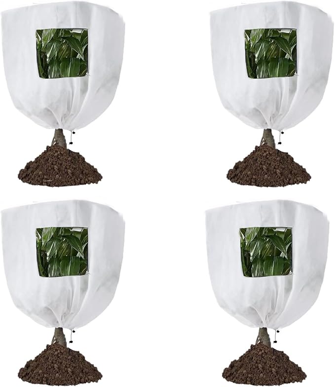CMINGJ Plant Frost Protection Covers with Viewing Window, 39.37" x 39.37", 4 Pack, Reusable Drawstring Tree Cover, Winter Tree Blanket with Zipper for Outdoor Plants, Frost Protection Cloths (4 Pack)