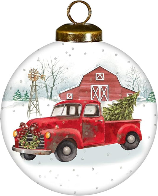 Red Truck Ornament with Tree and Barn – Farmhouse Christmas Decor –Hand-Painted Glass Vintage Red Truck Ornament for Christmas Tree