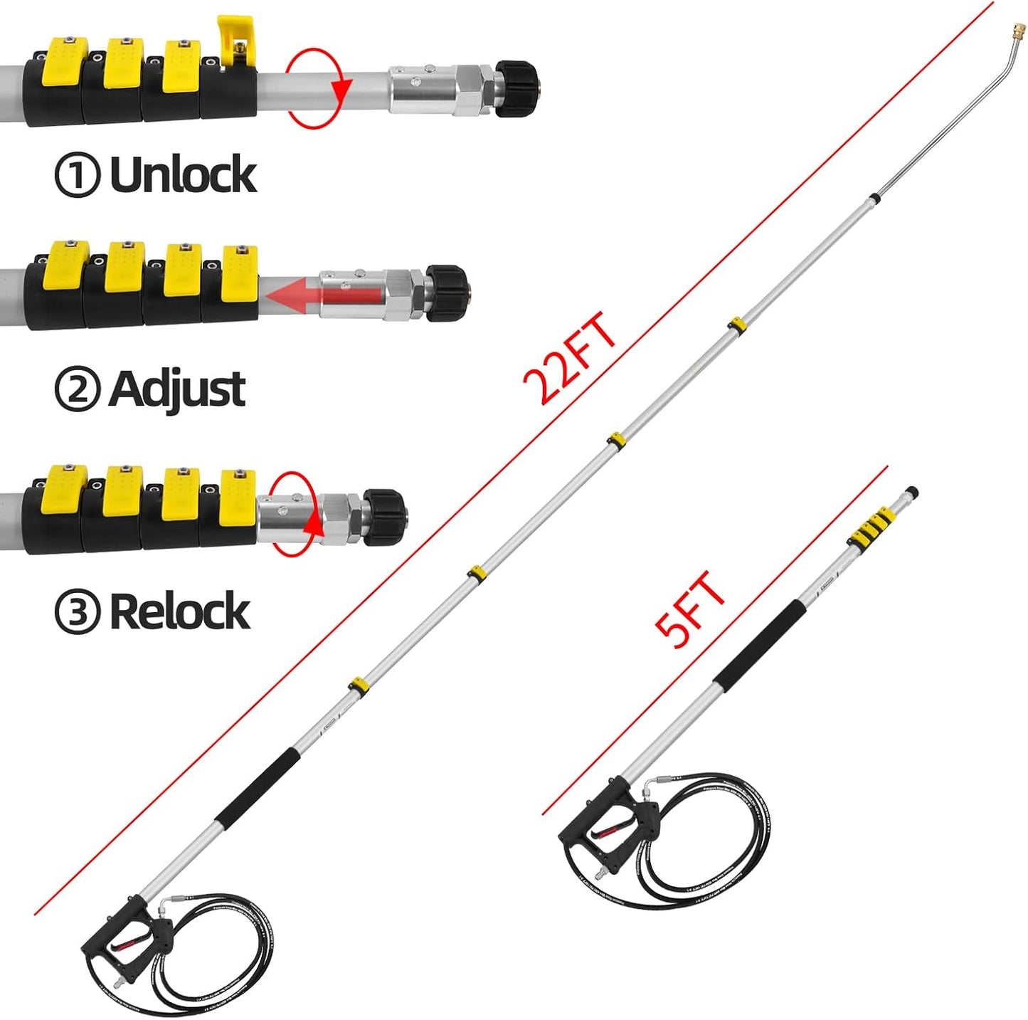 22 FT Telescoping Pressure Washer Wand with Power Washer Extension Wand, Gutter Cleaner Attachment, 5 Spray Nozzle Tips and 2 Hose Inlet Adapters