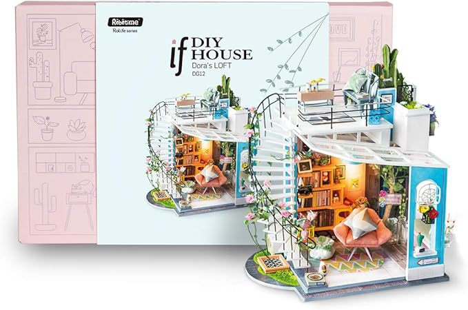 ROBOTIME DIY Miniature Dollhouse Kit - 1:24 Scale Miniature House Kit with LED Light - Tiny House Kit with Furniture Best Birthday for Women and Men