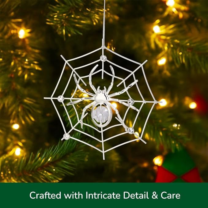 Matashi Silver Plated Christmas Tree Spider Ornament w Clear Crystals Lucky Hanging Decoration, Holiday Ornament Gift, Unique Spider Decor for Christmas & Halloween Party w Tinsel Legend Story