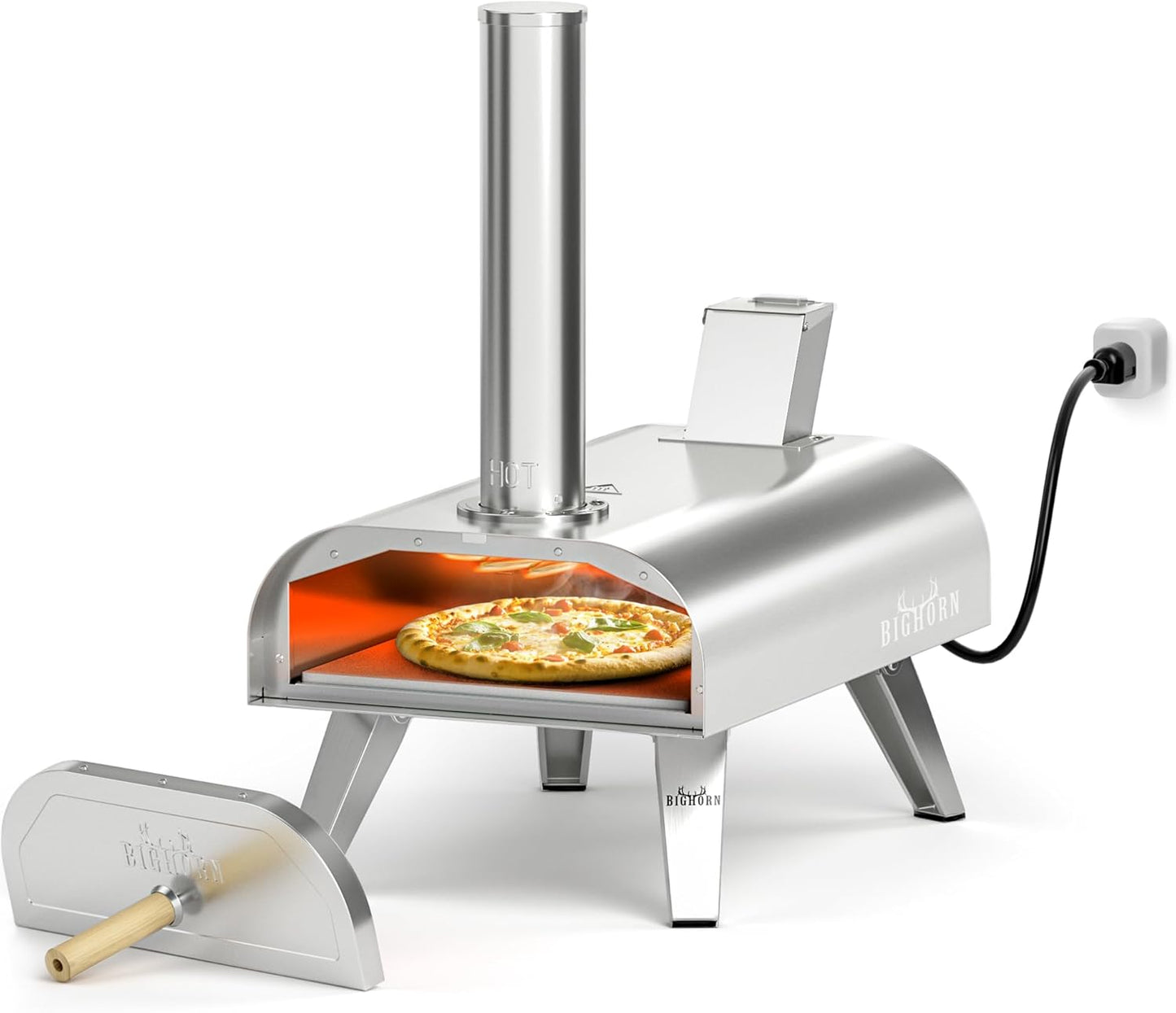 BIG HORN OUTDOORS 12" Dual Fuel Pizza Oven – Electric & Wood Pellet, Indoor & Outdoor High-Temp Pizza Maker (1000°F) with Pizza Stone for Wood-Fired Flavor