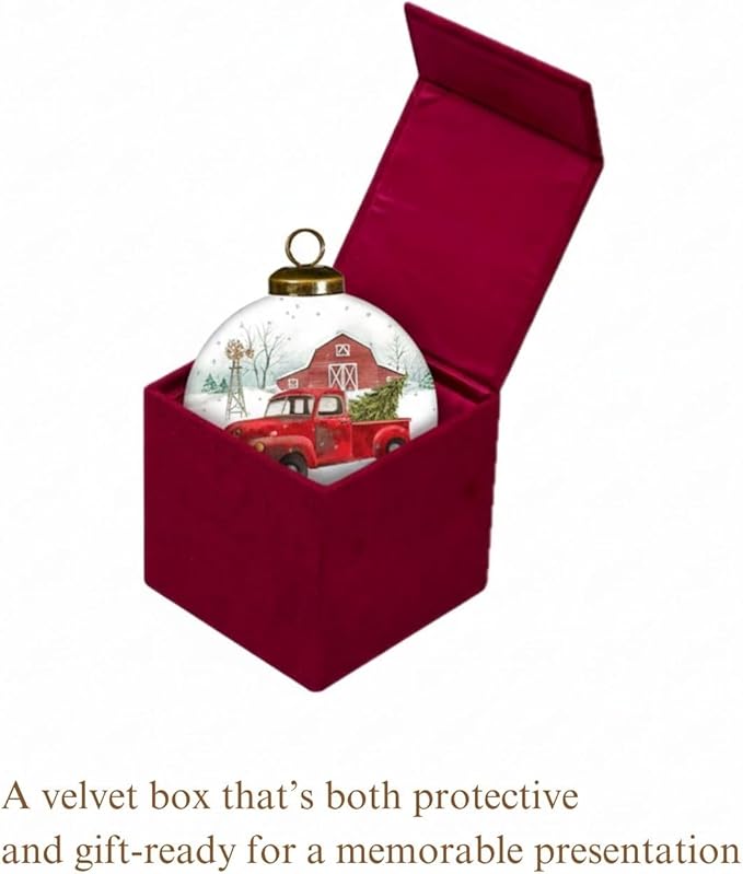 Red Truck Ornament with Tree and Barn – Farmhouse Christmas Decor –Hand-Painted Glass Vintage Red Truck Ornament for Christmas Tree