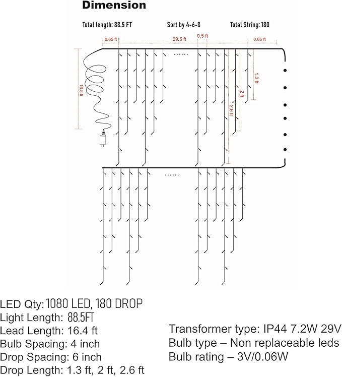 Dazzle Bright Christmas Icicle Lights, 88.5 FT 1080 LED 8 Modes Curtain Fairy Lights with 180 Drops, Xmas String Lights for Outdoor Holiday Wedding Party Decorations (White)