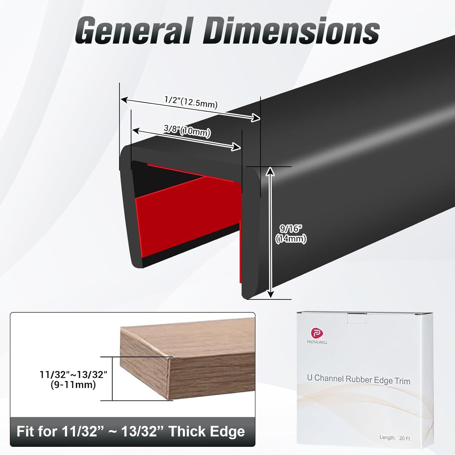 Rubber Edge Trim, Self Adhesive U Channel Edge Trim, Big Size U Shaped Trim, Edge Banding for Plywood, Woods, Shelf, Cabinet, Countertop, Fit for 3/8", Length 20Ft, Black