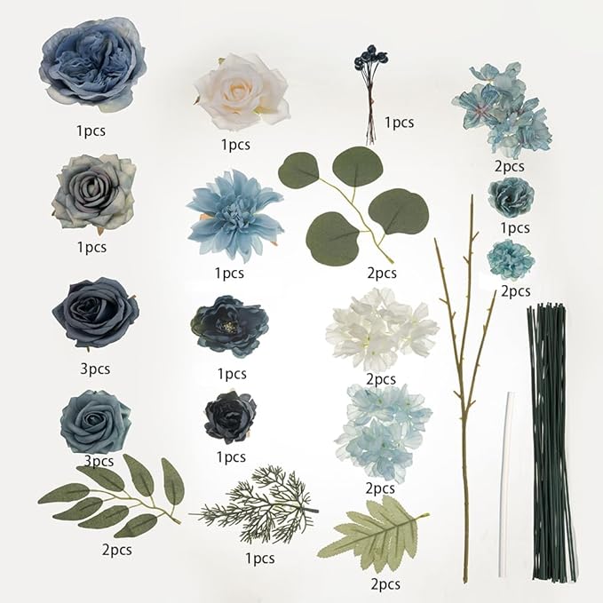 Artificial Flowers Combo Box Set Dusty Blue Flowers for DIY Wedding Bouquet Arrangements Bridal Shower Party Home Decorations(White Blue Rose)