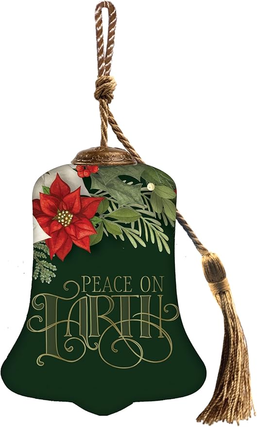 Peace on Earth Bell Ornament– Hand-Painted Glass Christmas Ornament – Green Bell Holiday Decoration with Poinsettias – Peace on Earth Christmas Ornament