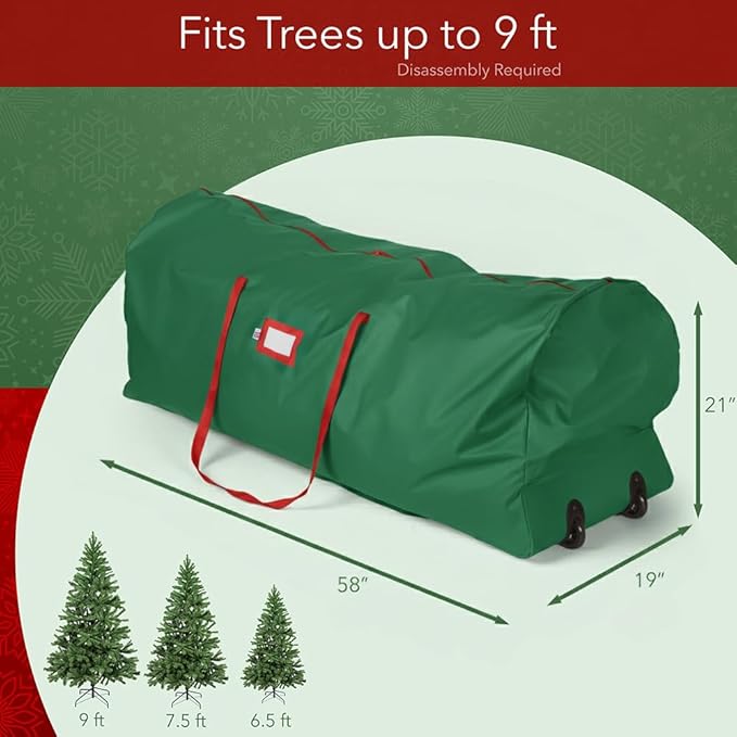 Holiday Cheer Christmas Tree Storage Bag with Wheels – Heavy Duty Christmas Tree Bag Fits Up to 9ft Tall Artificial Christmas Tree, Waterproof, Durable Handles & Zipper – Xmas Tree Storage Bag (Green)