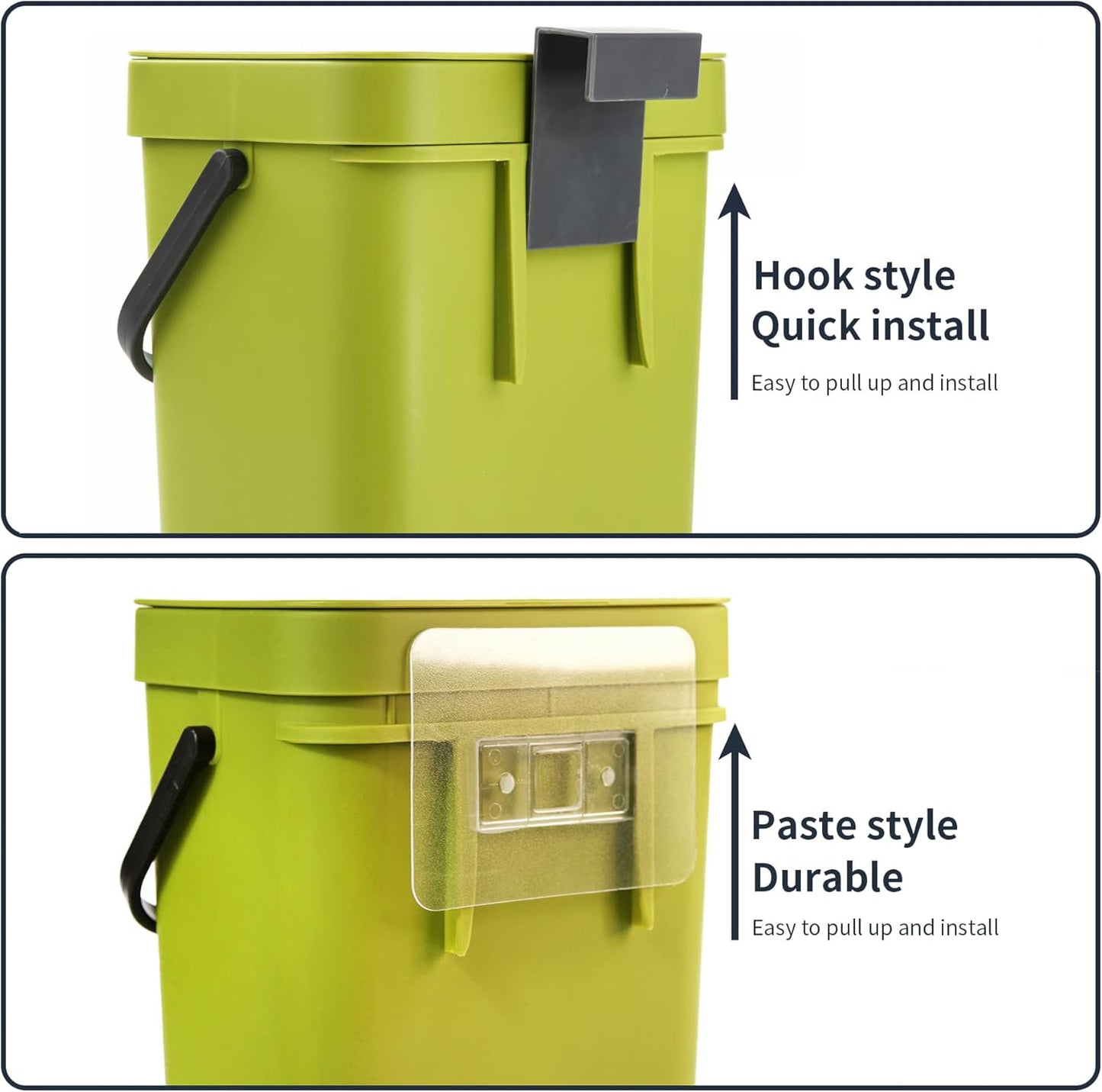Domiella 2 Pack 1.3 + 0.8Gal Hanging Small Trash Can with Lid, Kitchen Compost Bin for Counter Top or Under Sink, Sealed Food Waste Bin, Mountable Indoor Compost Bucket for Cupboard/Bathroom (Green)