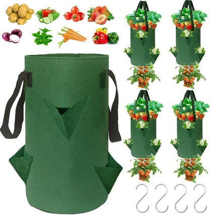 4Pack Upside Down Strawberry Planter, 3 Gallon Hanging Grow Bags for Tomato Vegetables 6 Planting Holes with 4 Hooks,Upside Down Strawberry Plant Hanger Vegetable Planting Bags for House (Dark Green)