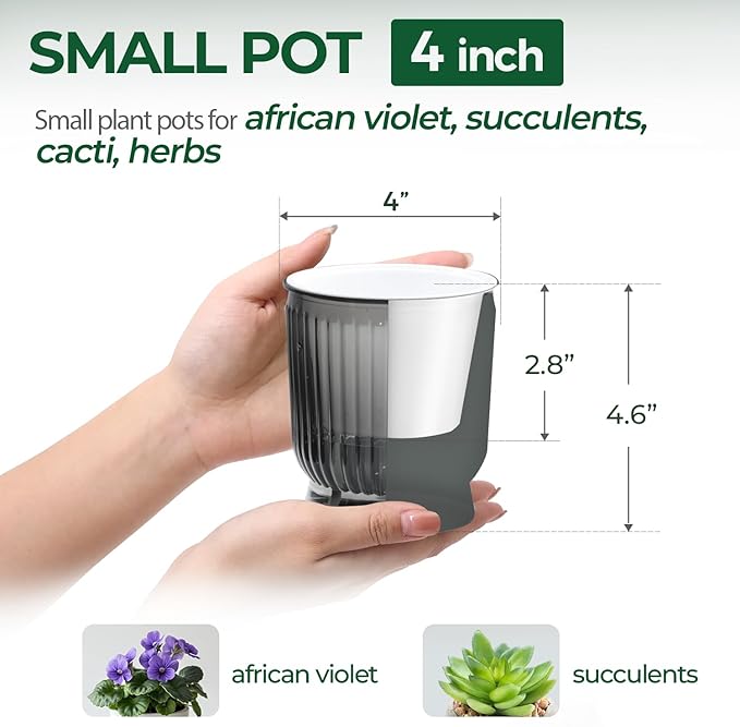 T4U 4 Inch Self Watering Plant Pot, 4 Pack Self Watering Pots, Small Self Watering Planter with Reservoir for Indoor Plants, African Violets (4 Pack 4" Pots, Translucent Gray)