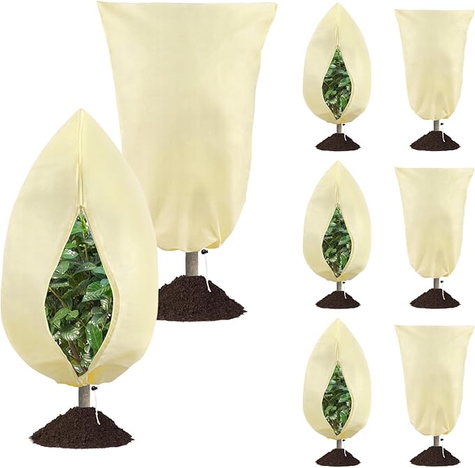 8 Pack Plant Covers Freeze Protection, 31.5"x47.2" Frost Blankets with Zipper Drawstring, Winter Cold Weather Plant Protection Jacket for Outdoor Plants Potted Shrubs Trees from Freeze Animals, Beige