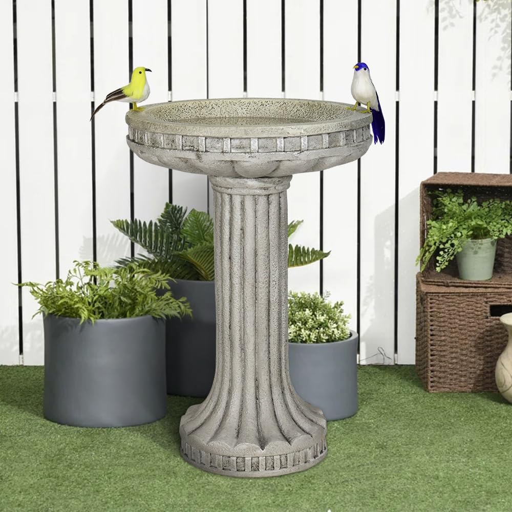 24 Inch Height Outdoor Bird Bath - Fibre Reinforced Concrete Large Bird Bath Stylish with Modern Pedestal for Garden, Patio, Backyard, Lawn - 16”W X 24”H Contemporary Birdbaths & Supports