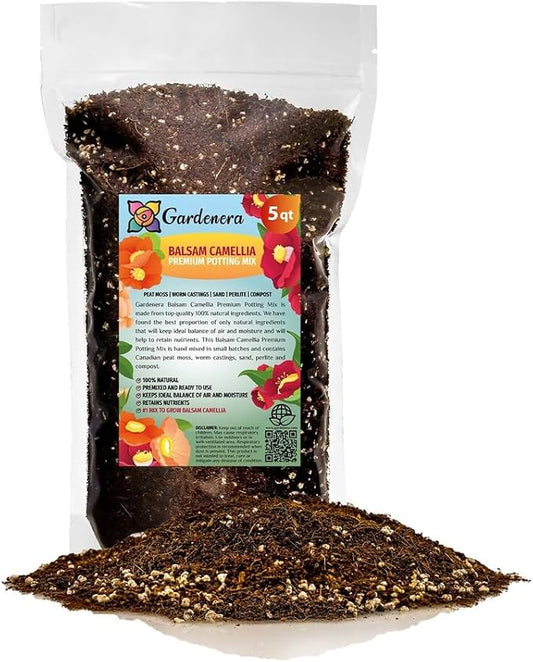 Gardenera Premium Balsam Camellia Potting Soil Mix - Perfect Balance of Nutrients, Drainage, and Aeration for Thriving Blooms - 5 Quart