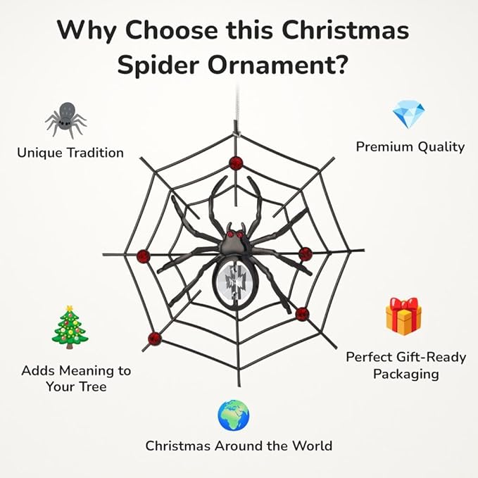 Matashi Black Spider Hanging Ornament for Christmas Tree w Clear, Red Crystals – Lucky Spider Web Decoration for Tree, Seasonal Decor Holiday Hanging Ornament Gift Inspired by Christmas Spider Legend